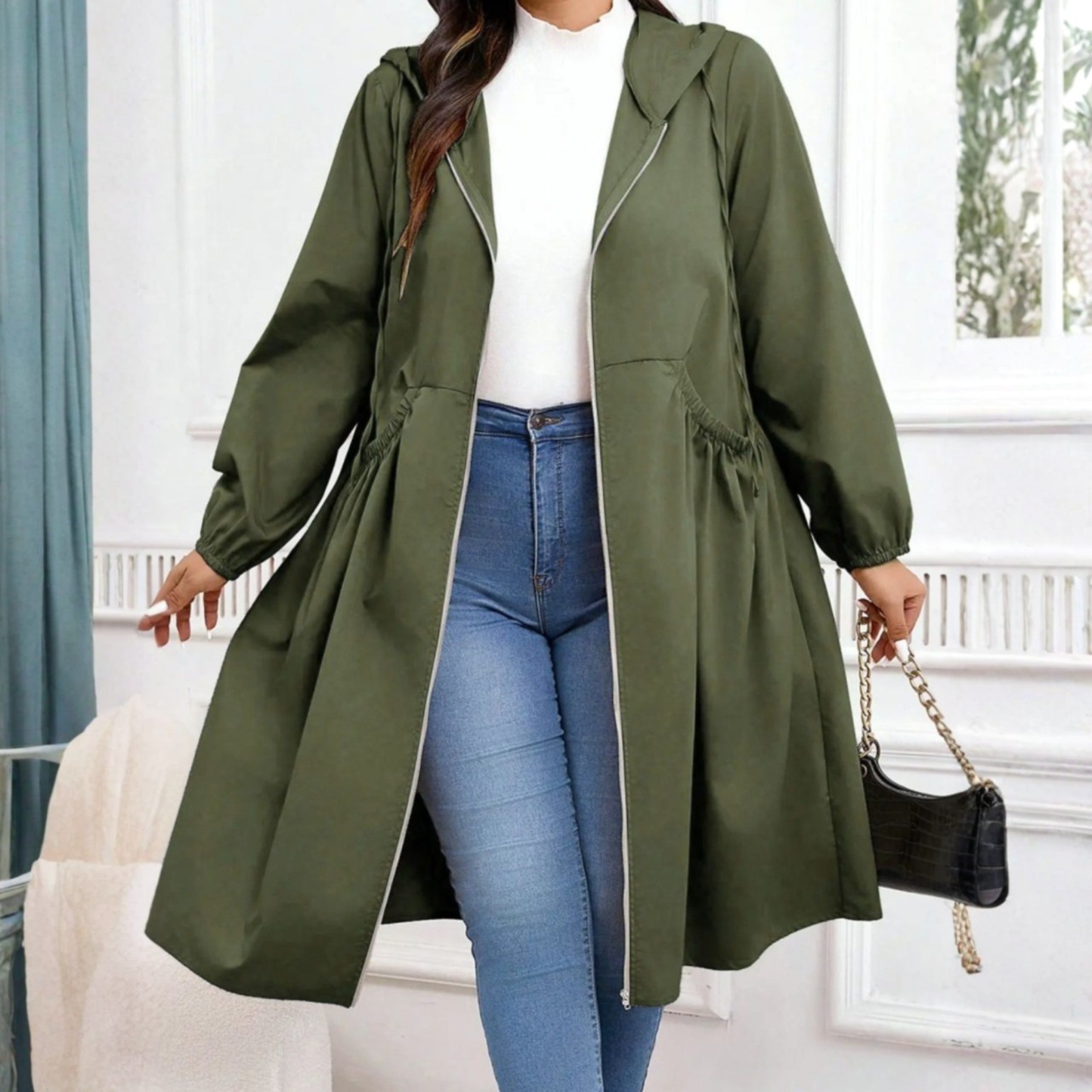 Avril - Casual Plus Size Drawstring Zip-Up Long Sleeve Hooded Coat by Selouva