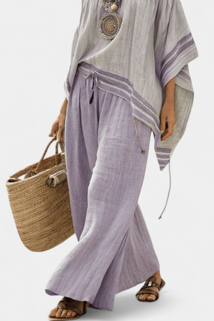 Zandrel Bamboo Linen Off Shoulder Bardot Top With Wide Leg Striped Pants by Selouva