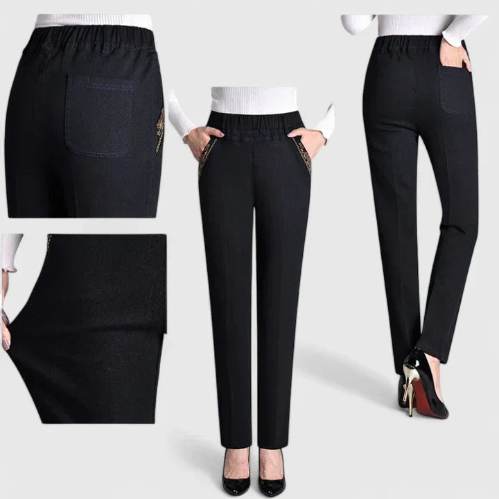 Floralyssa Comfortable Elastic Waist Denim Pants With Side Pockets by Selouva