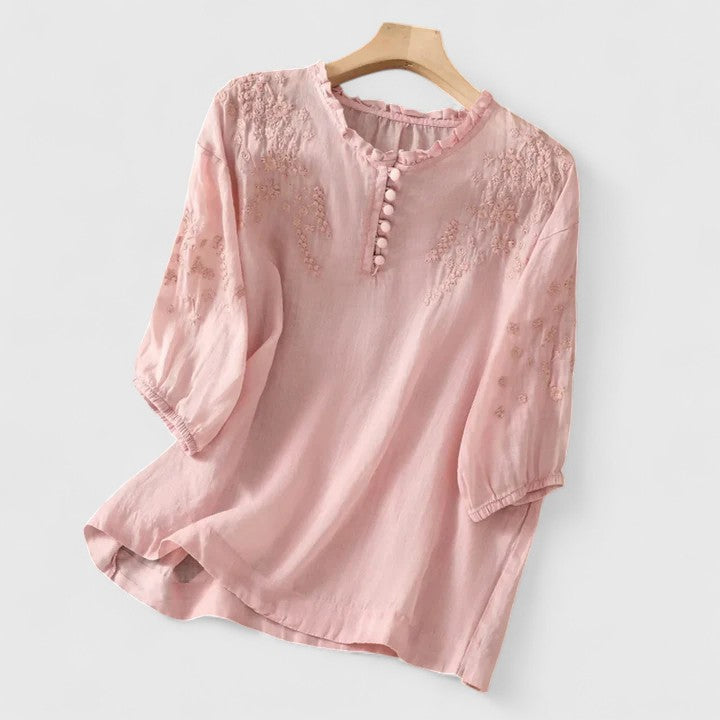 Vasilene Elegant Button Front Blouse With Embroidered Details by Selouva