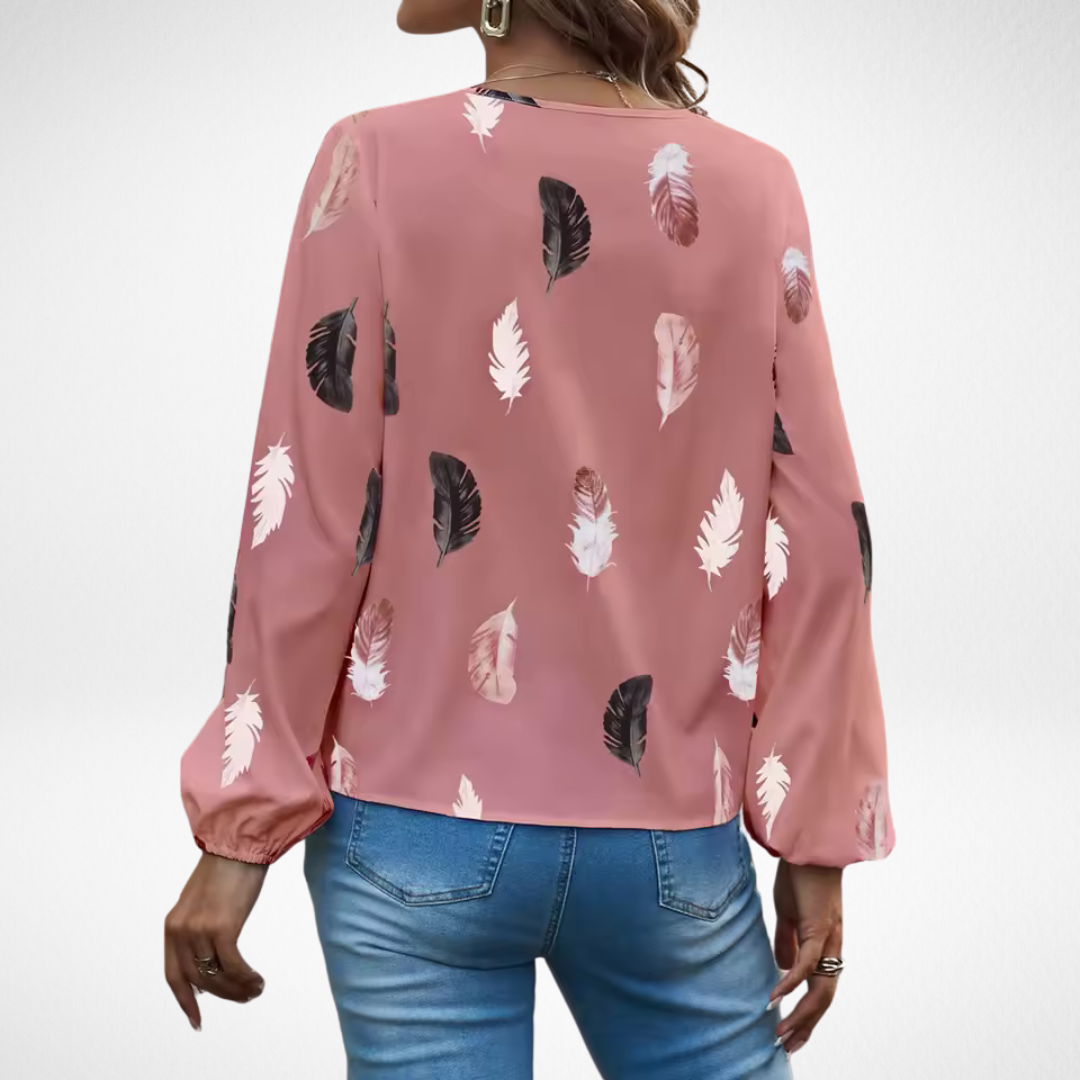 Nicole Confidence Fit Blouse With Feather Print In Black by Selouva
