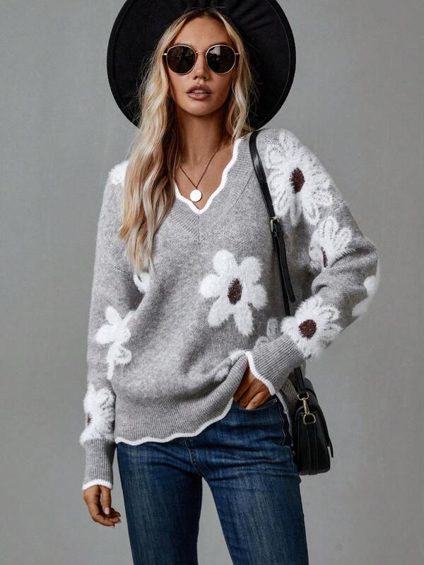 Talli Elegant Floral Knit Sweater With V Neck Soft Comfort by Selouva