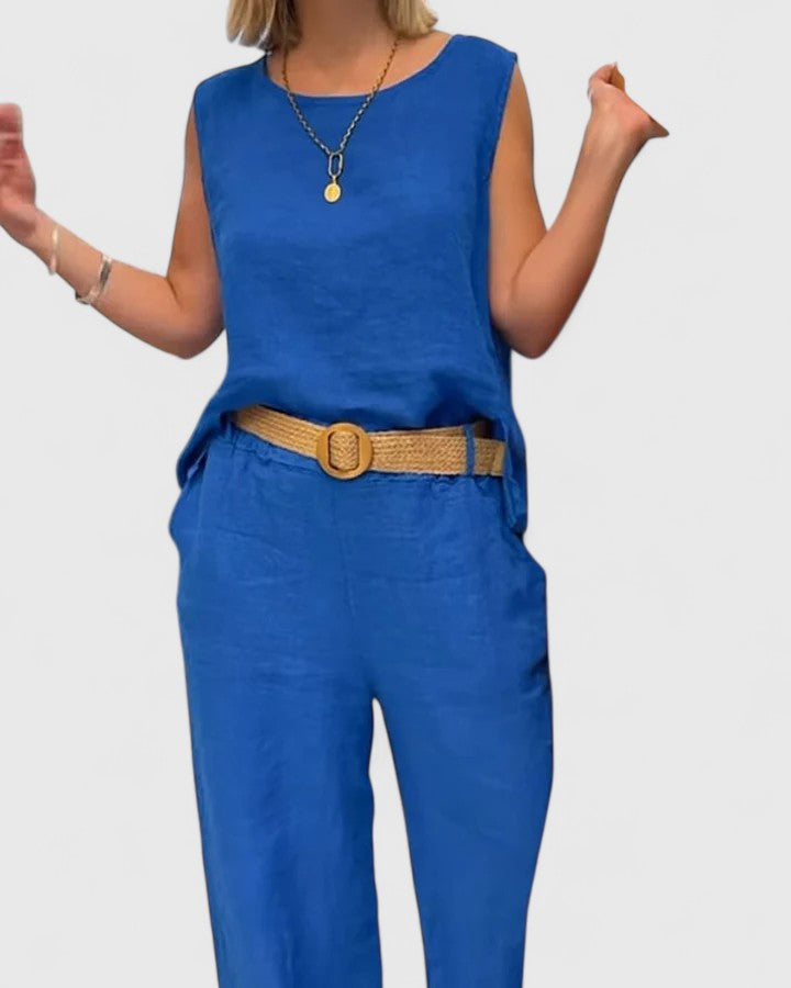 Women's Linen Two Piece Set with Belt by Selouva