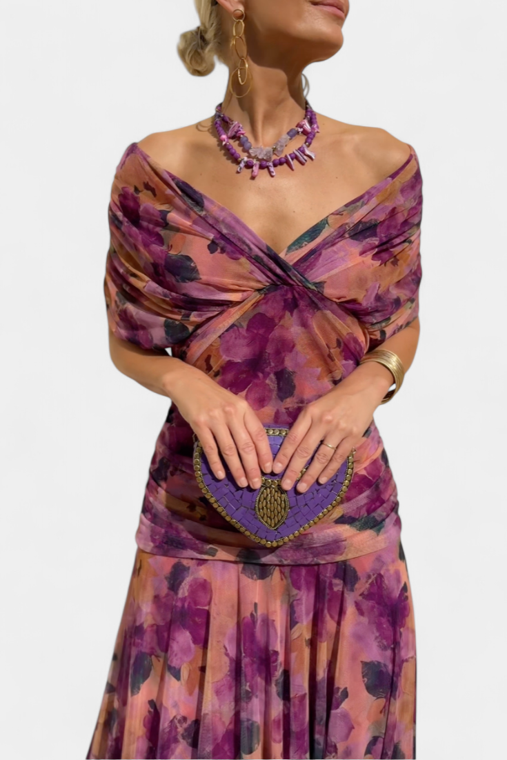 Eryzziah Elegant Off Shoulder Dress With Fantasy Floral Print Pleated Detail by Selouva