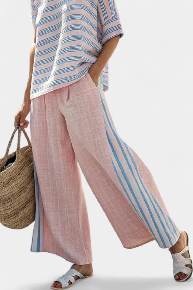 Virella Linen Striped Set Pink And Blue Blouse And Soft Pants by Selouva