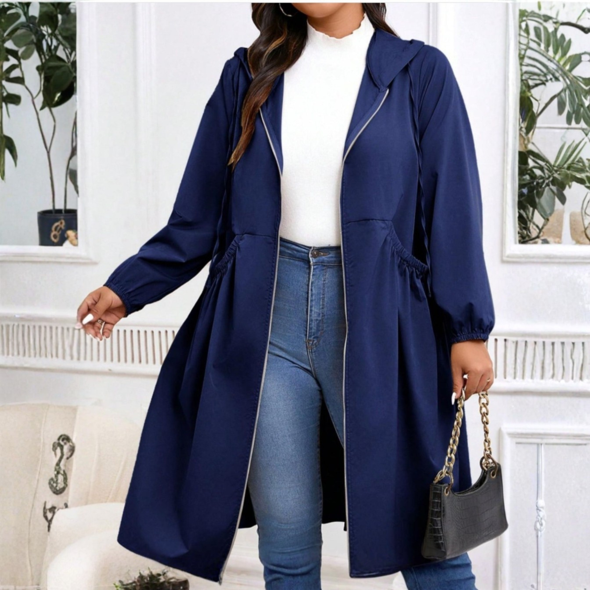 Avril - Casual Plus Size Drawstring Zip-Up Long Sleeve Hooded Coat by Selouva