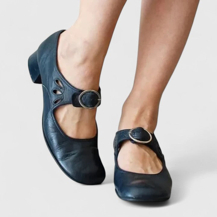 Celestine Elegant Round Toe Heels With Ankle Buckle by Selouva