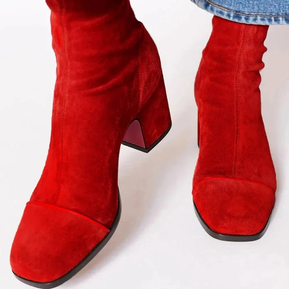 Daener Red Suede Ankle Boots With Block Heel For Women by Selouva