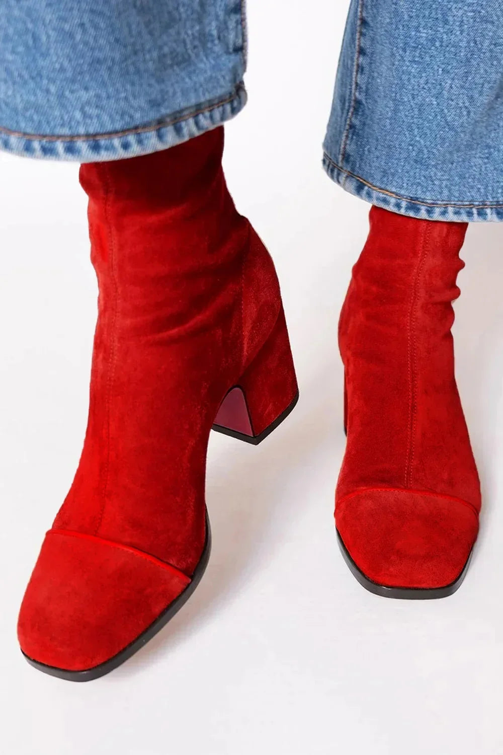 Daener Red Suede Ankle Boots With Block Heel For Women by Selouva