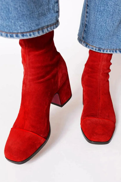 Daener Red Suede Ankle Boots With Block Heel For Women by Selouva