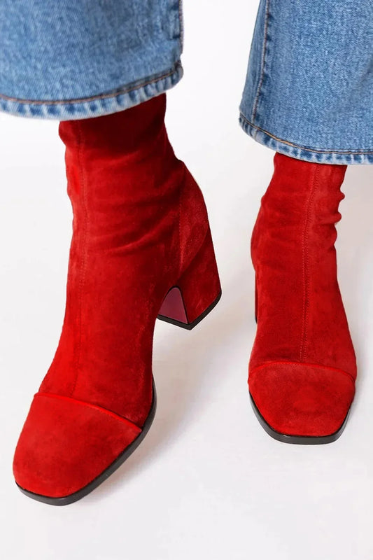 Daener Red Suede Ankle Boots With Block Heel For Women by Selouva