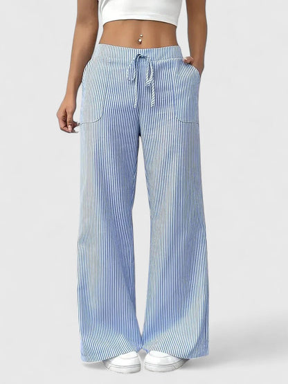 Tatienne Striped Wide Leg Pants With Drawstring Waist by Selouva