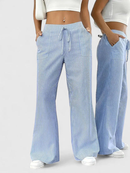 Tatienne Striped Wide Leg Pants With Drawstring Waist by Selouva
