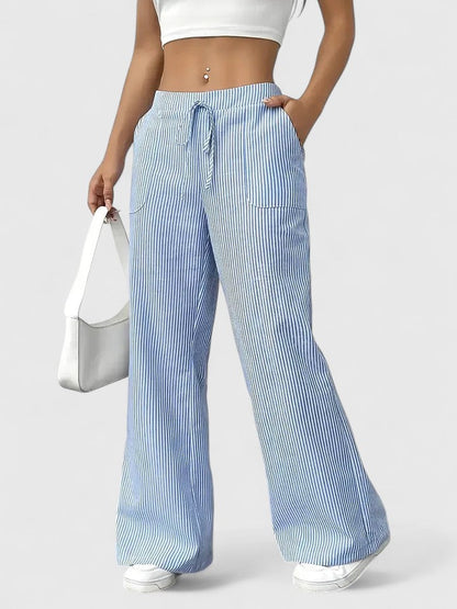 Tatienne Striped Wide Leg Pants With Drawstring Waist by Selouva