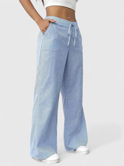 Tatienne Striped Wide Leg Pants With Drawstring Waist by Selouva