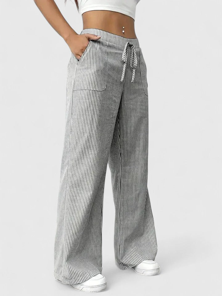 Tatienne Striped Wide Leg Pants With Drawstring Waist by Selouva