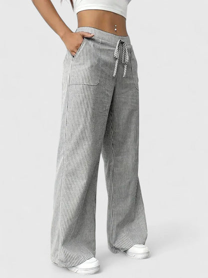 Tatienne Striped Wide Leg Pants With Drawstring Waist by Selouva