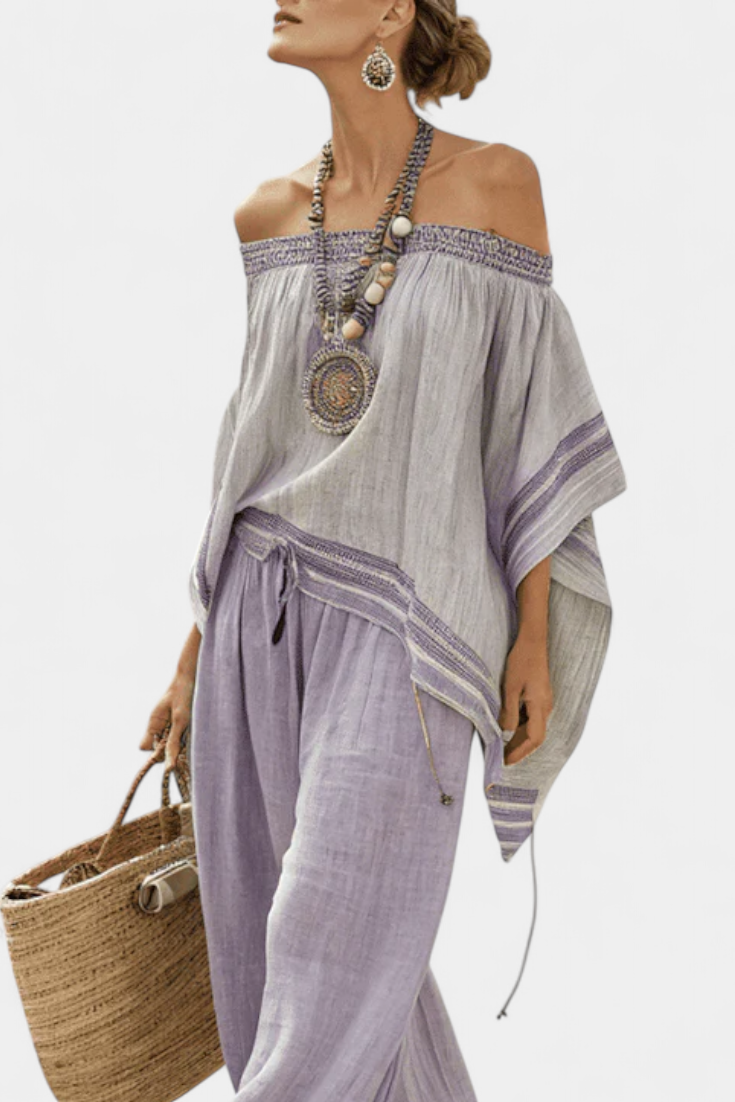 Zandrel Bamboo Linen Off Shoulder Bardot Top With Wide Leg Striped Pants by Selouva