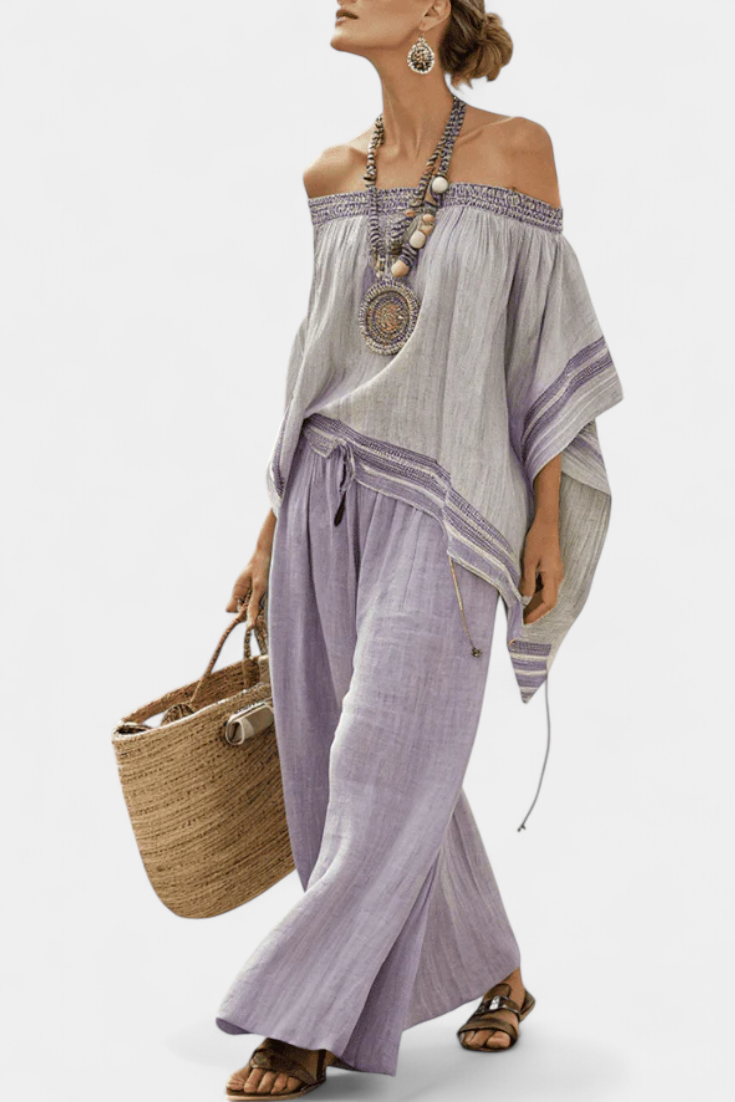 Zandrel Bamboo Linen Off Shoulder Bardot Top With Wide Leg Striped Pants by Selouva
