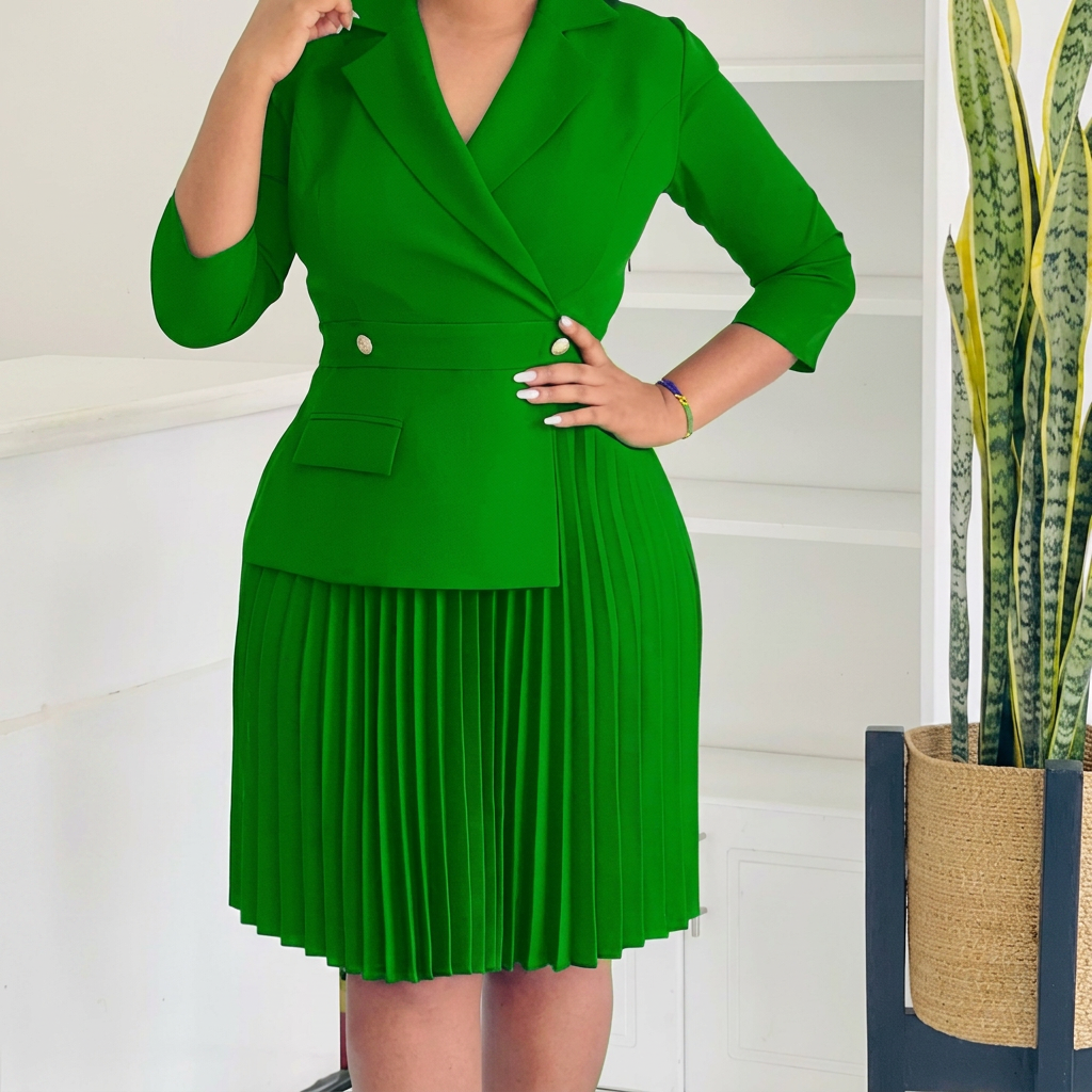 Eleanor Navy Structured Pleated Blazer Dress With Gold Buttons by Selouva