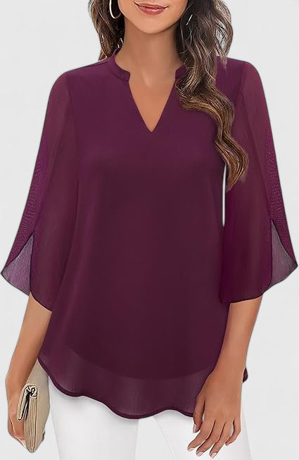 Celinora Black Blouse With Flowy Sheer Sleeves V Neck A Line Fit by Selouva