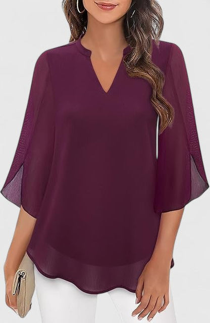 Celinora Black Blouse With Flowy Sheer Sleeves V Neck A Line Fit by Selouva