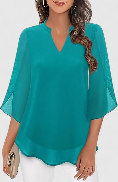Celinora Black Blouse With Flowy Sheer Sleeves V Neck A Line Fit by Selouva