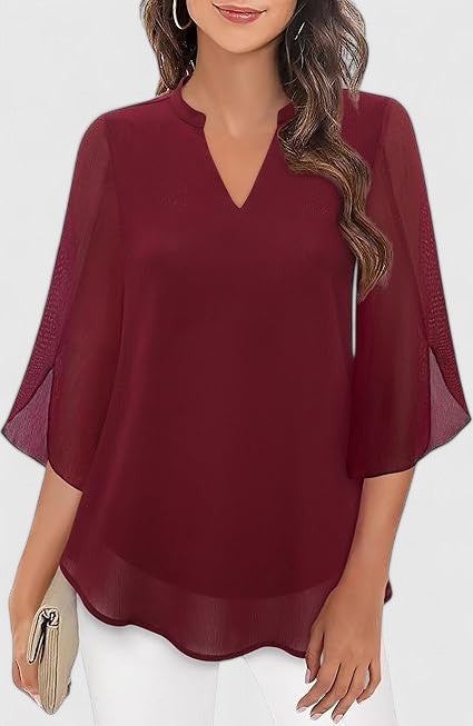 Celinora Black Blouse With Flowy Sheer Sleeves V Neck A Line Fit by Selouva