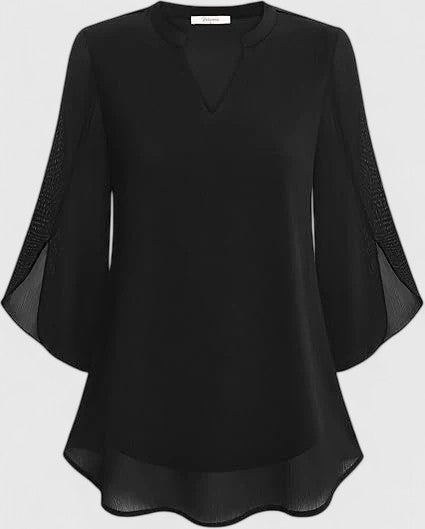 Celinora Black Blouse With Flowy Sheer Sleeves V Neck A Line Fit by Selouva