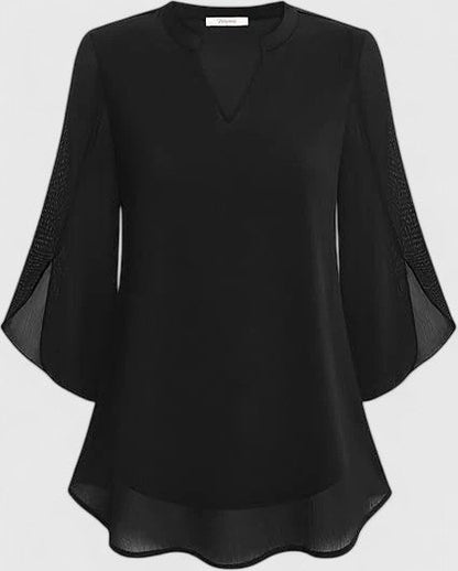 Celinora Black Blouse With Flowy Sheer Sleeves V Neck A Line Fit by Selouva
