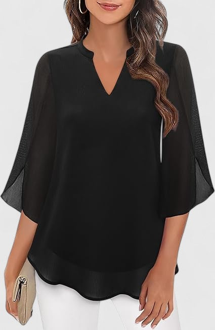 Celinora Black Blouse With Flowy Sheer Sleeves V Neck A Line Fit by Selouva