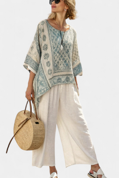 Quinley Breezy Printed Blouse With Wide Leg White Pants Set by Selouva