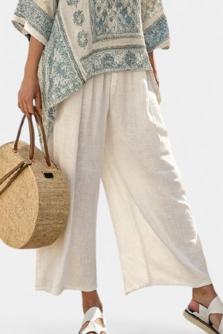 Quinley Breezy Printed Blouse With Wide Leg White Pants Set by Selouva