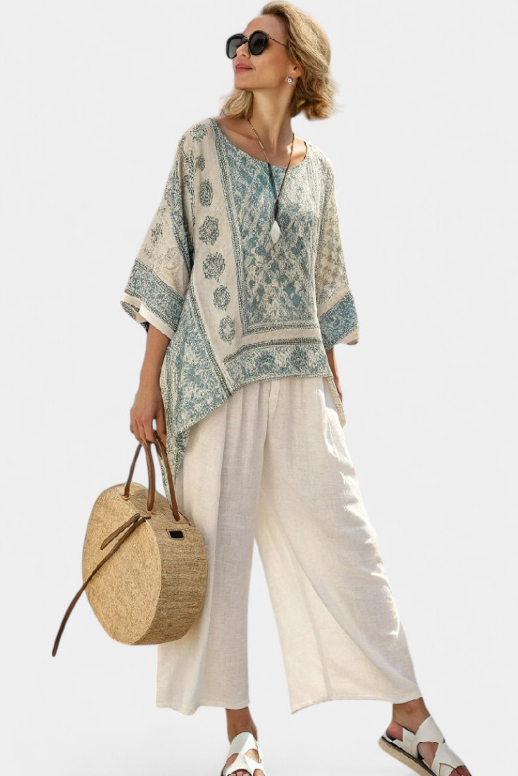 Quinley Breezy Printed Blouse With Wide Leg White Pants Set by Selouva