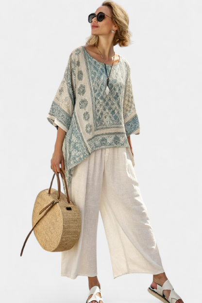 Quinley Breezy Printed Blouse With Wide Leg White Pants Set by Selouva