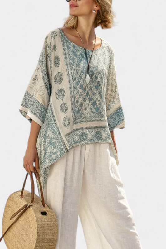 Quinley Breezy Printed Blouse With Wide Leg White Pants Set by Selouva