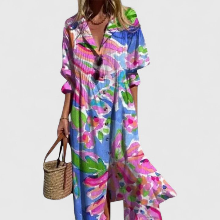 Paula Elegant Boho Maxi Dress With Colorful Floral Print by Selouva