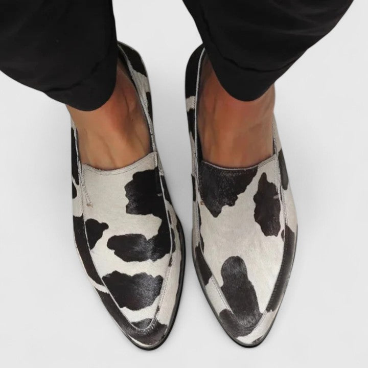 Emberlynne Cow Print Leather Loafers for Women Low Heel Comfort by Selouva