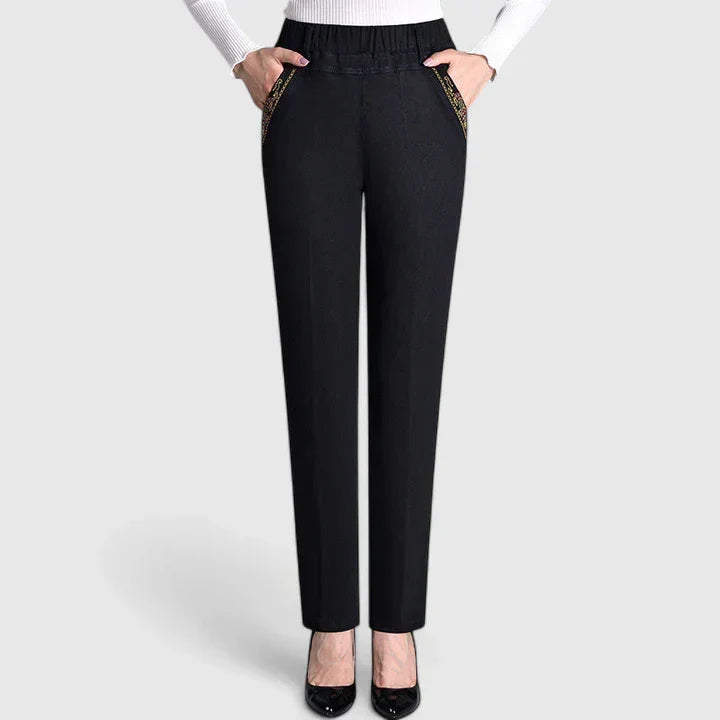Floralyssa Comfortable Elastic Waist Denim Pants With Side Pockets by Selouva