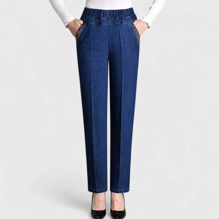 Floralyssa Comfortable Elastic Waist Denim Pants With Side Pockets by Selouva