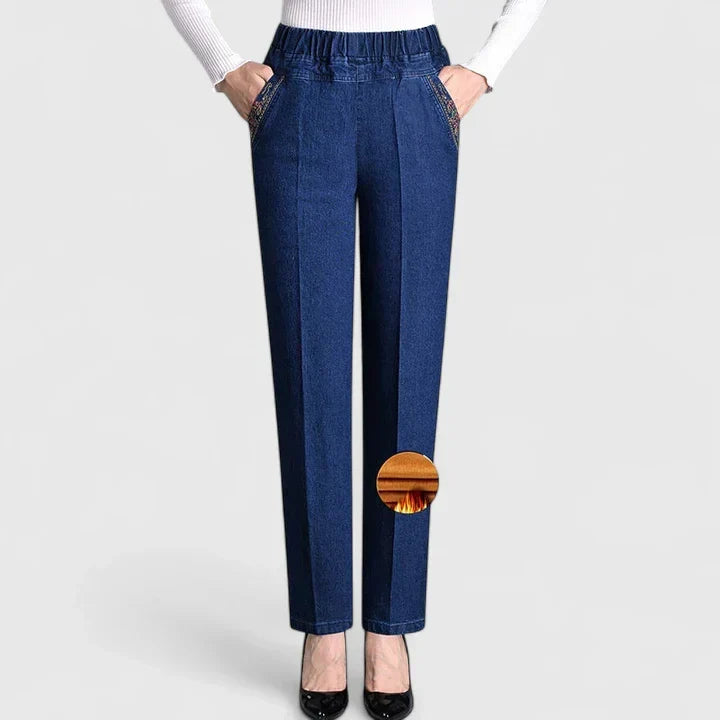 Floralyssa Comfortable Elastic Waist Denim Pants With Side Pockets by Selouva