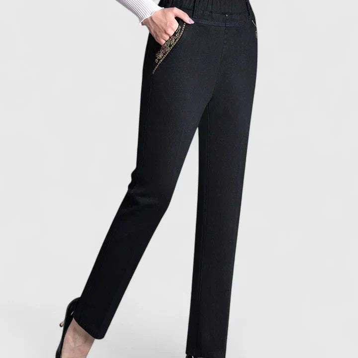 Floralyssa Comfortable Elastic Waist Denim Pants With Side Pockets by Selouva
