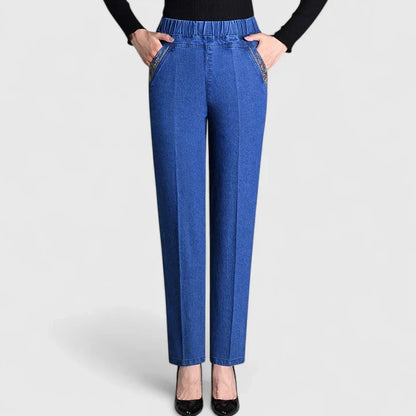 Floralyssa Comfortable Elastic Waist Denim Pants With Side Pockets by Selouva