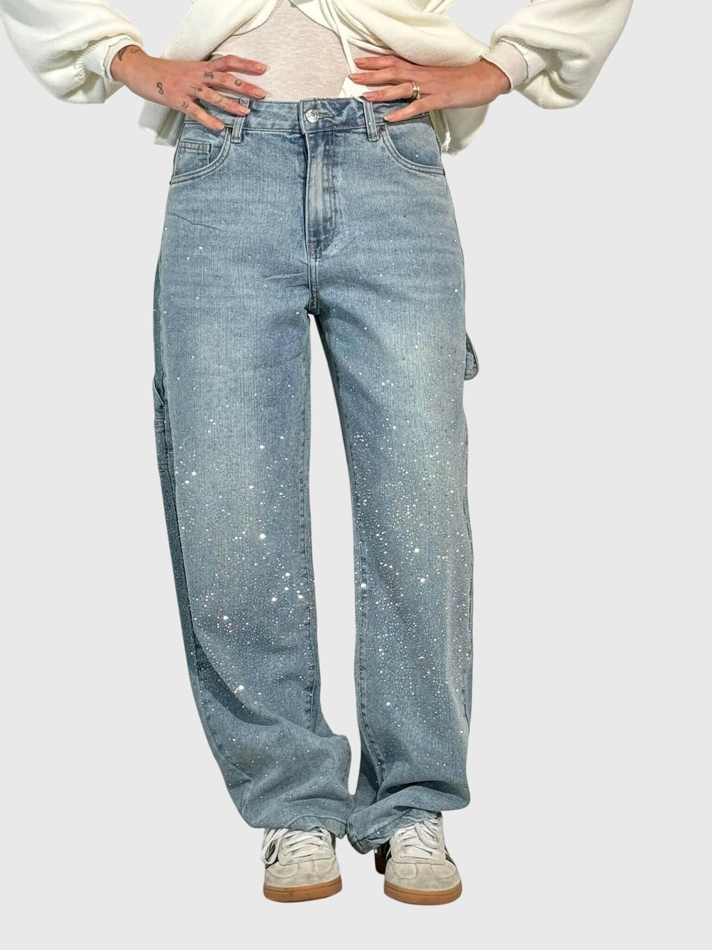 Kimberly Womens Sparkle Diamond Denim Pants With Loose Fit by Selouva