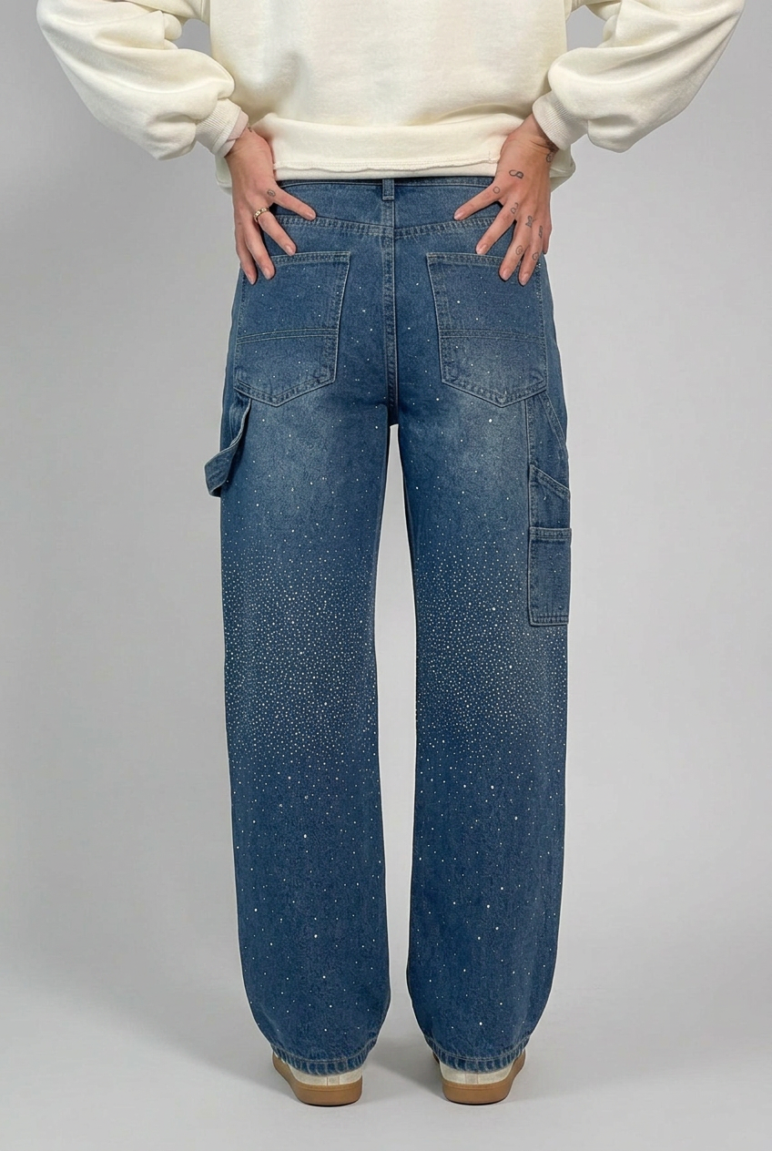 Kimberly Womens Sparkle Diamond Denim Pants With Loose Fit by Selouva