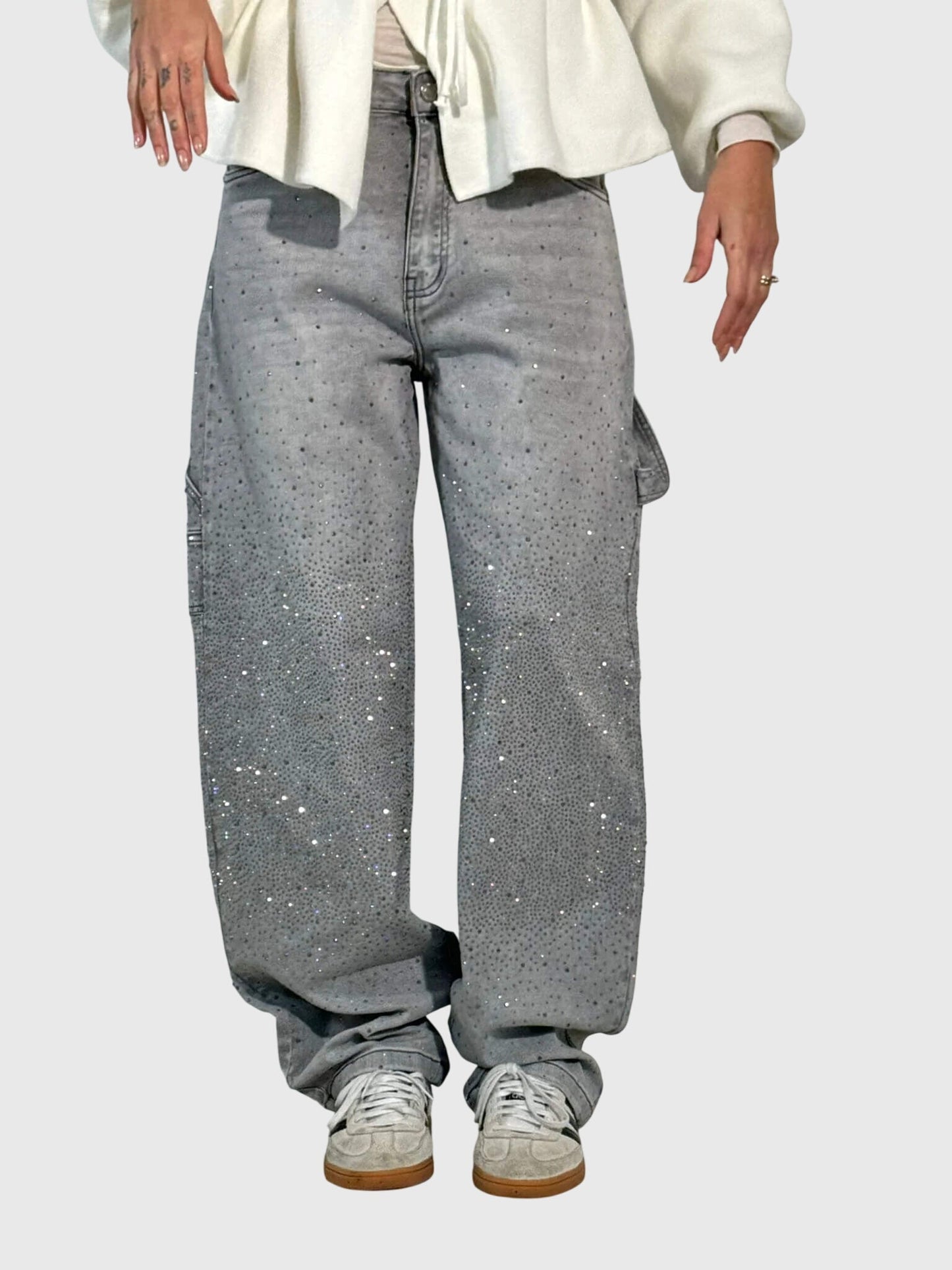 Kimberly Womens Sparkle Diamond Denim Pants With Loose Fit by Selouva