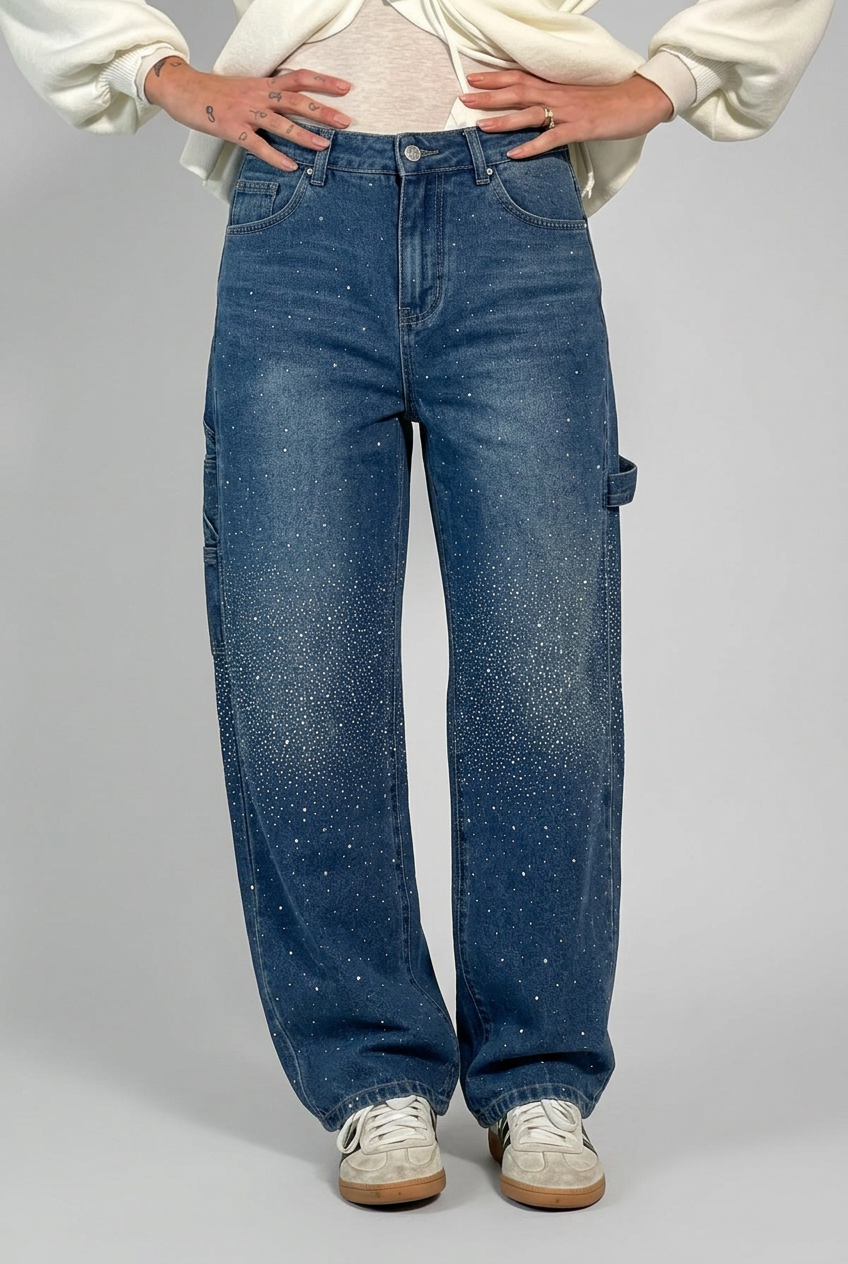 Kimberly Womens Sparkle Diamond Denim Pants With Loose Fit by Selouva