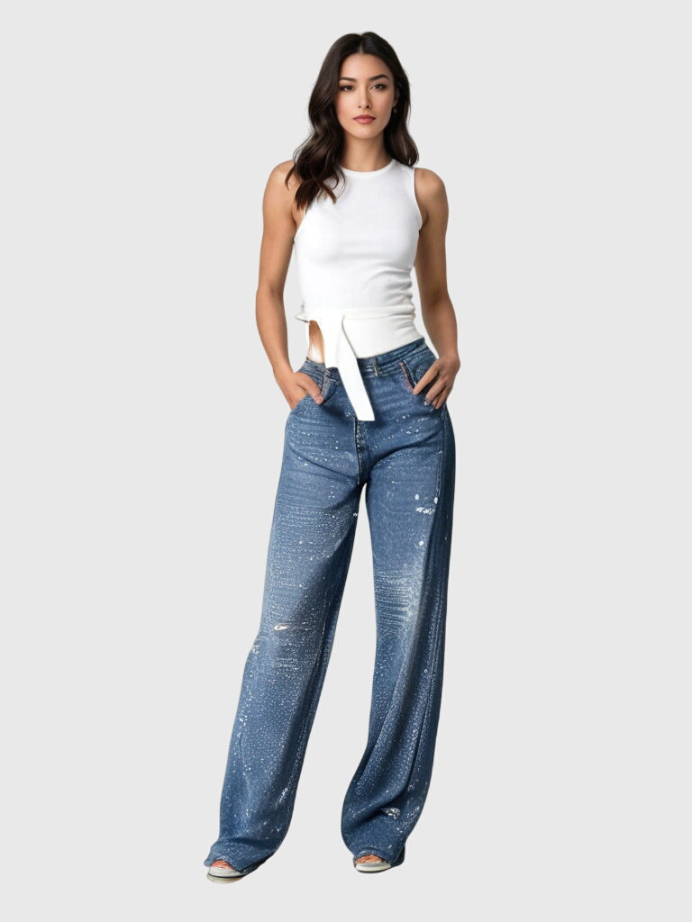 Kimberly Womens Sparkle Diamond Denim Pants With Loose Fit by Selouva