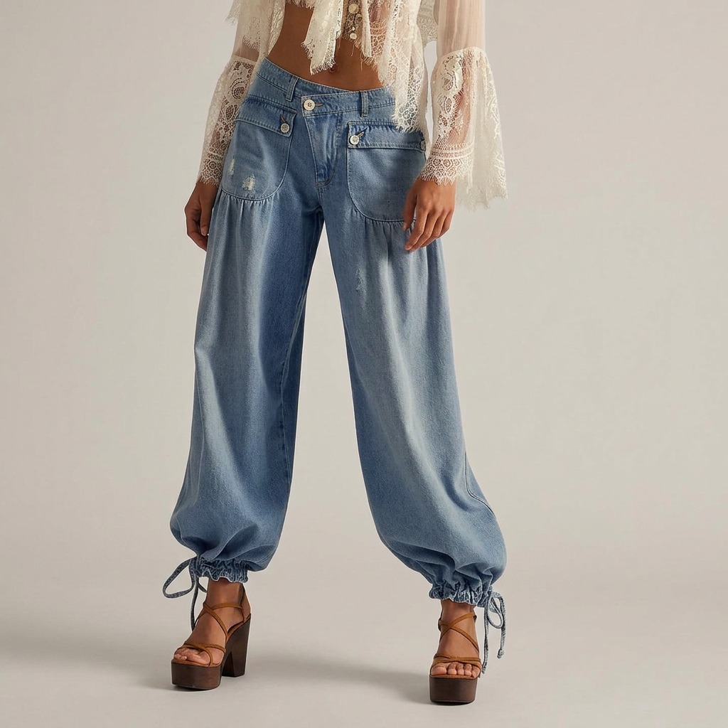Lani Denim Wide Leg Pants With Double Pleated Pockets by Selouva