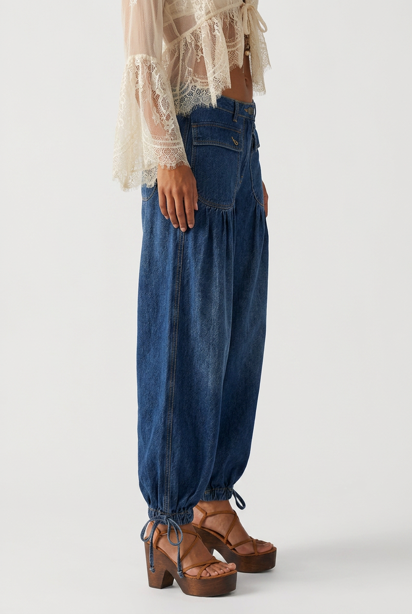 Lani Denim Wide Leg Pants With Double Pleated Pockets by Selouva